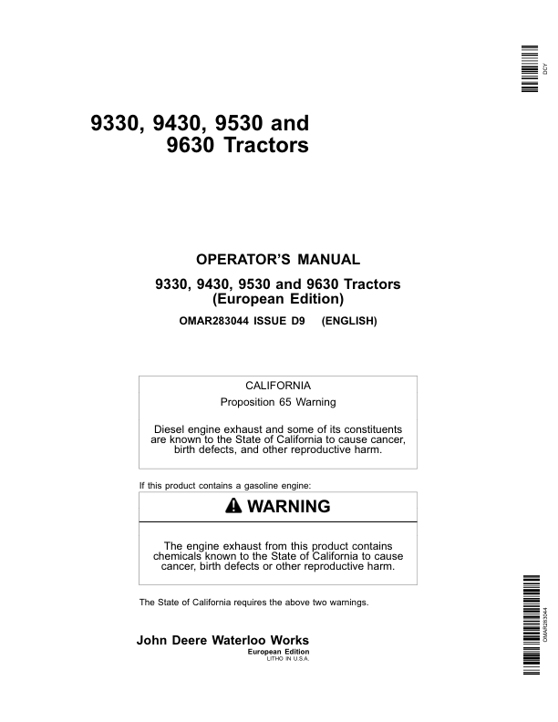 John Deere 9330, 9430, 9530, 9630 Tractors Operator’s Manual (OMAR283044) Workshop Guide