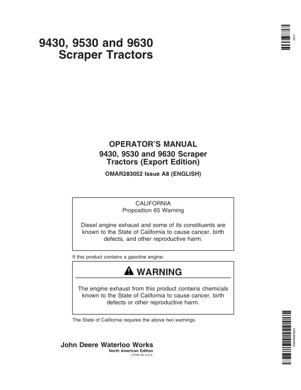 John Deere 9430, 9530, 9630 Scrapers Operator’s Manuals (OMAR283052) Workshop Guide