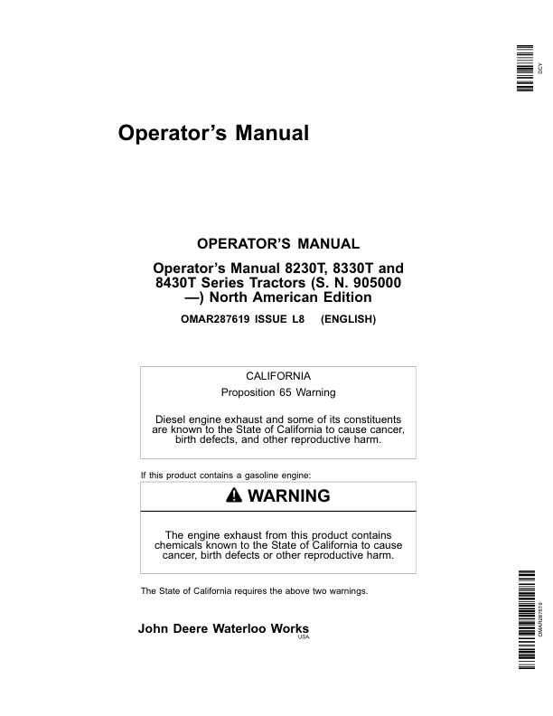 John Deere 8230T, 8330T, 8430T Tractors (905000-) Operator’s Manual (OMAR287619) Workshop Guide