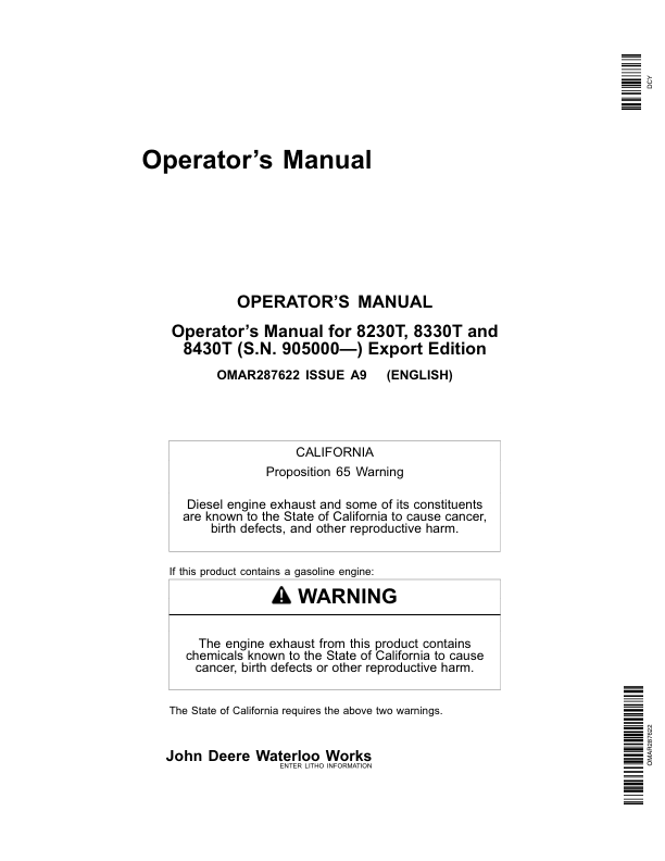 John Deere 8230T, 8330T, 8430T Tractors (905000-) Operator’s Manual (OMAR287622) Workshop Guide
