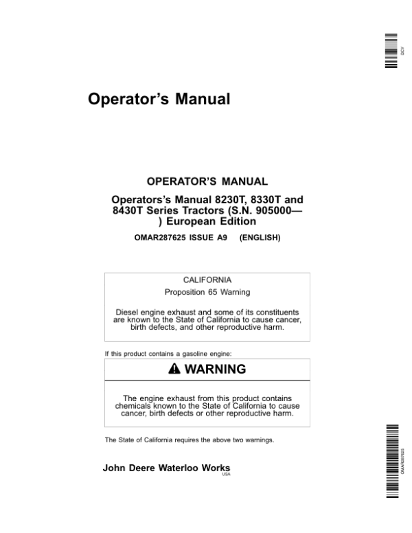 John Deere 8230T, 8330T, 8430T Tractors (905000-) Operator’s Manual (OMAR287625) Workshop Guide