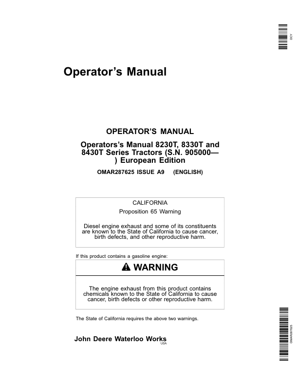 John Deere 8230T, 8330T, 8430T Tractors (905000-) Operator’s Manual (OMAR287625) Workshop Guide