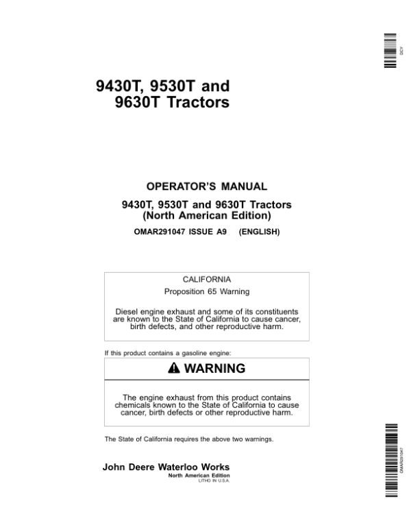 John Deere 9430T, 9530T & 9630T Tractors Operator’s Manual (OMAR291047) Workshop Guide
