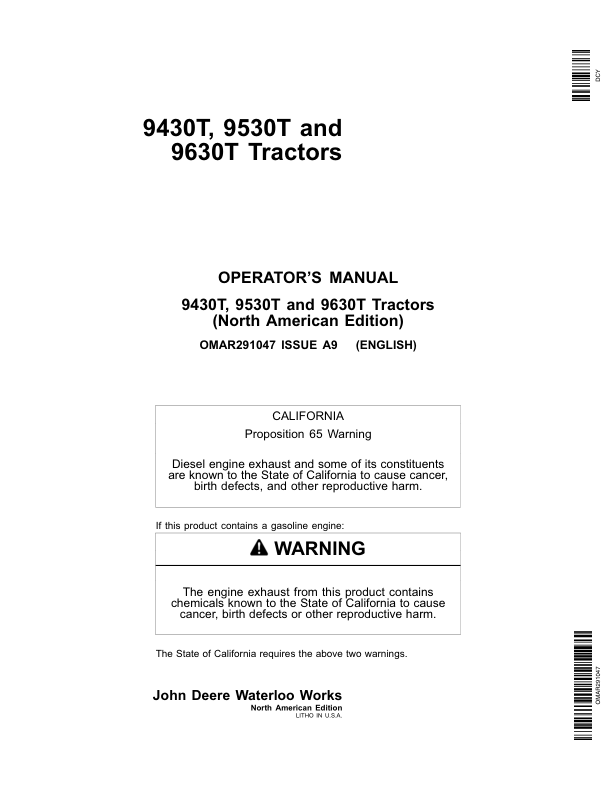 John Deere 9430T, 9530T & 9630T Tractors Operator’s Manual (OMAR291047) Workshop Guide