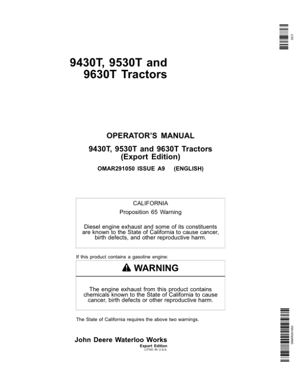 John Deere 9430T, 9530T & 9630T Tractors Operator’s Manual (OMAR291050) Workshop Guide