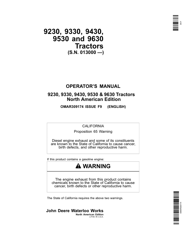 John Deere 9230, 9330, 9430, 9530, 9630 Tractors (013000-) Operator’s Manual (OMAR309174) Workshop Guide