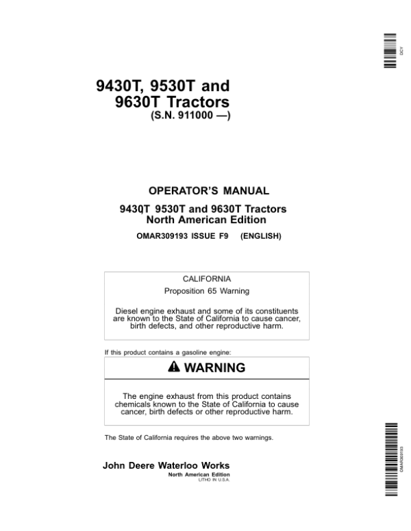 John Deere 9430T, 9530T, 9630T Tractors (911000-) Operator’s Manual (OMAR309193) Workshop Guide