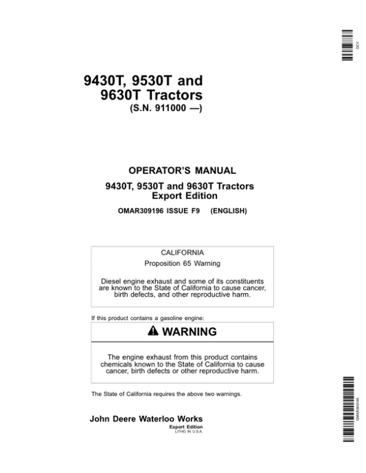 John Deere 9430T, 9530T, 9630T Tractors (911000-) Operator’s Manual (OMAR309196) Workshop Guide