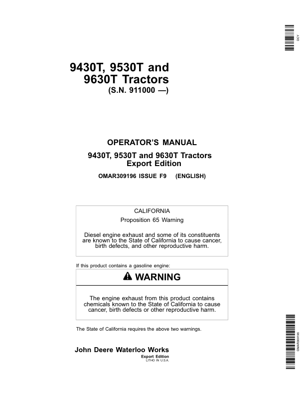 John Deere 9430T, 9530T, 9630T Tractors (911000-) Operator’s Manual (OMAR309196) Workshop Guide