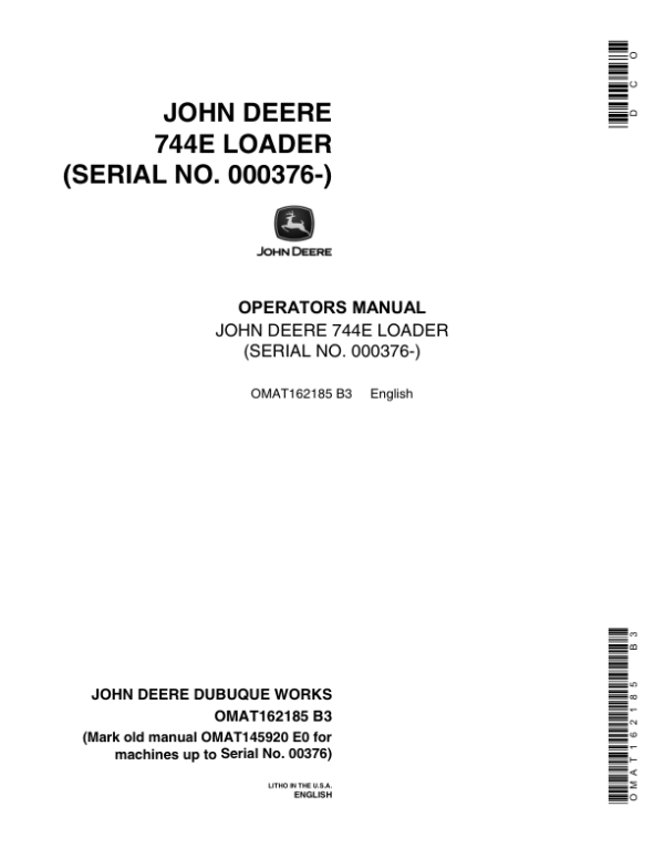 John Deere 744E Loaders Operator’s Manuals (OMAT162185) Workshop Guide