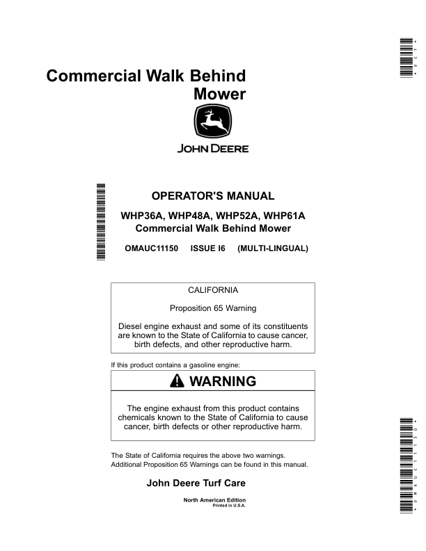 John Deere WHP36A, WHP48A, WHP52A & WHP61A Commercial Walk Behind Mowers Operator’s Manual (OMAUC11150) Workshop Guide