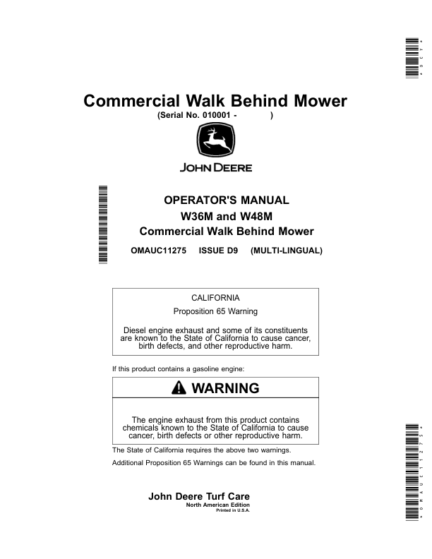 John Deere Commercial Walk Behind Mower (010001-020000) (North American) Operator’s Manual (OMAUC11275) Workshop Guide