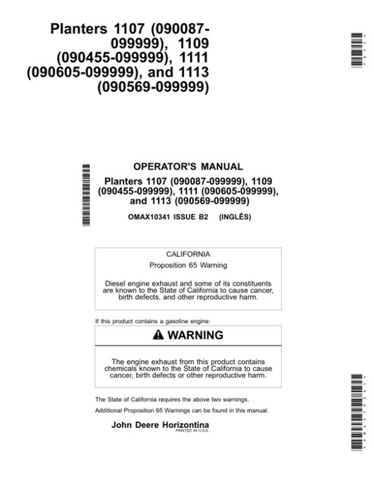 John Deere Planters 1107 (090087-), 1109 (090455-), 1111 (090605-), 1113 (090569-) Operator’s Manual (OMAX10341) Workshop Guide