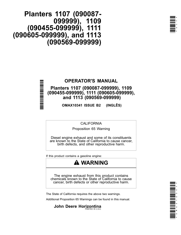 John Deere Planters 1107 (090087-), 1109 (090455-), 1111 (090605-), 1113 (090569-) Operator’s Manual (OMAX10341) Workshop Guide