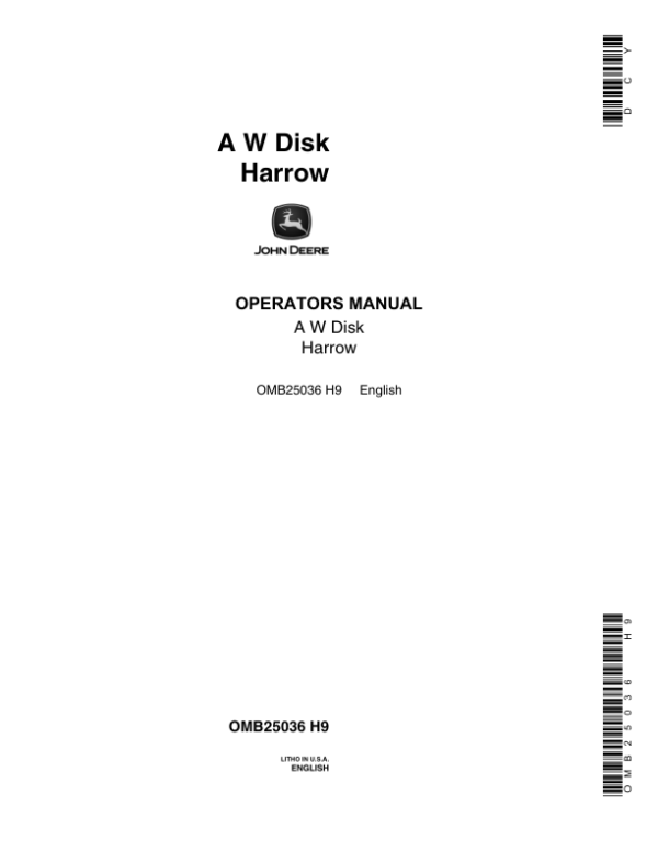 John Deere AW Series Disk Harrow Operator’s Manual (OMB25036) Workshop Guide