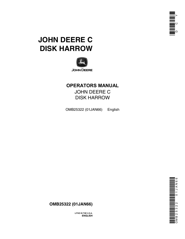 John Deere C’ Disk Harrow Operator’s Manual (OMB25322) Workshop Guide