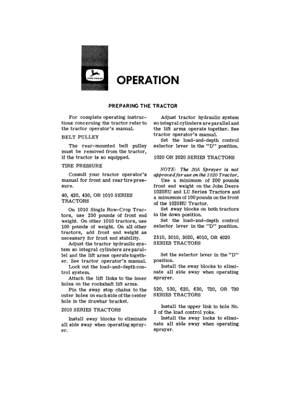John Deere 10A, 20A 3-Point Hitch Sprayers Operator’s Manual (OMB25355) Workshop Guide