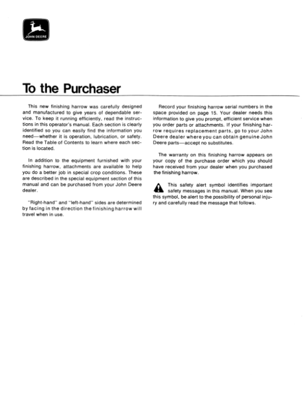 John Deere BFA Series Finishing Harrows Operator’s Manual (OMB25399) Workshop Guide