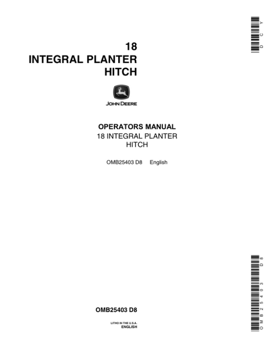 John Deere 18 Integral Planter Hitch Operator’s Manual (OMB25403) Workshop Guide