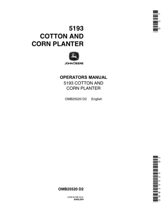 John Deere 5193 Cotton & Corn Planter Operator’s Manual (OMB25520) Workshop Guide