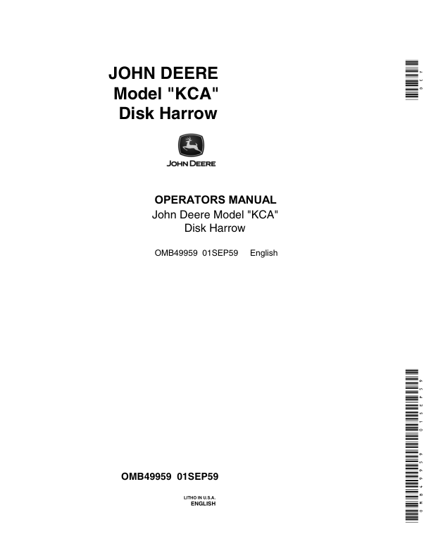 John Deere Model KCA Disk Harrow Operator’s Manual (OMB49959) Workshop Guide
