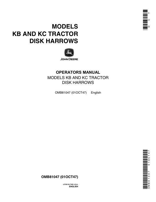 John Deere KB, KC Tractor Disk Harrows Operator’s Manual (OMB81047) Workshop Guide