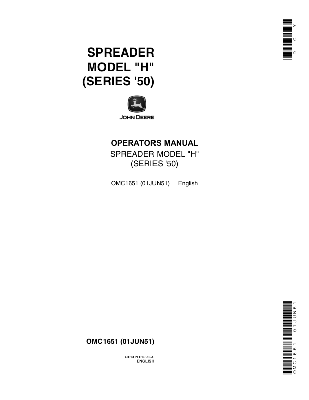 John Deere H Manure Spreader Operator’s Manual (OMC1651) Workshop Guide
