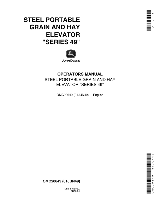 John Deere Steel Portable Grain & Hay Elevator – Series 49 Operator’s Manual (OMC20649) Workshop Guide
