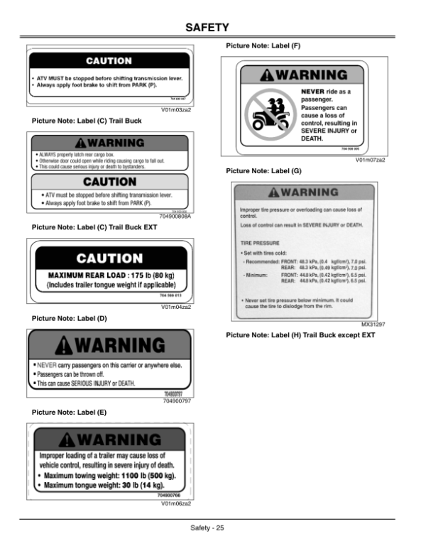 John Deere 500 650, 650EX, 650EXT Trail Buck Utility All Terrain Vehicles Operator’s Manual (OMC219000326) Workshop Guide