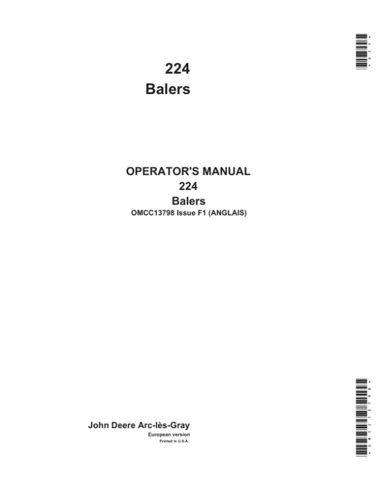 John Deere 224 Balers Operator’s Manual (OMCC13798) Workshop Guide