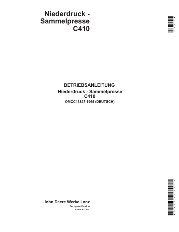 John Deere C410 Low-Density Balers Operator’s Manual (OMCC13827) Workshop Guide