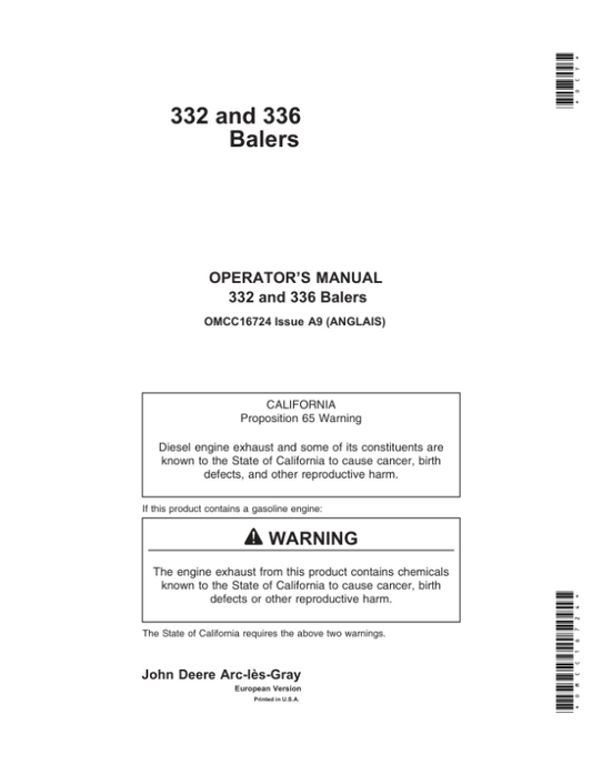 John Deere 332, 336 Balers (European Edition) Operator’s Manual (OMCC16724) Workshop Guide