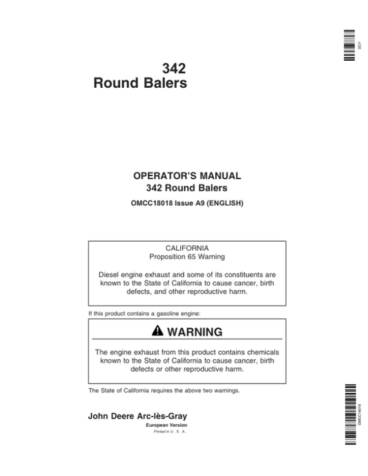 John Deere 343 Round Balers Operator’s Manual (OMCC18018) Workshop Guide