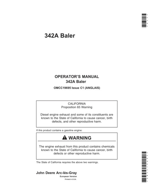 John Deere 342A Baler Operator’s Manual (OMCC19695) Workshop Guide