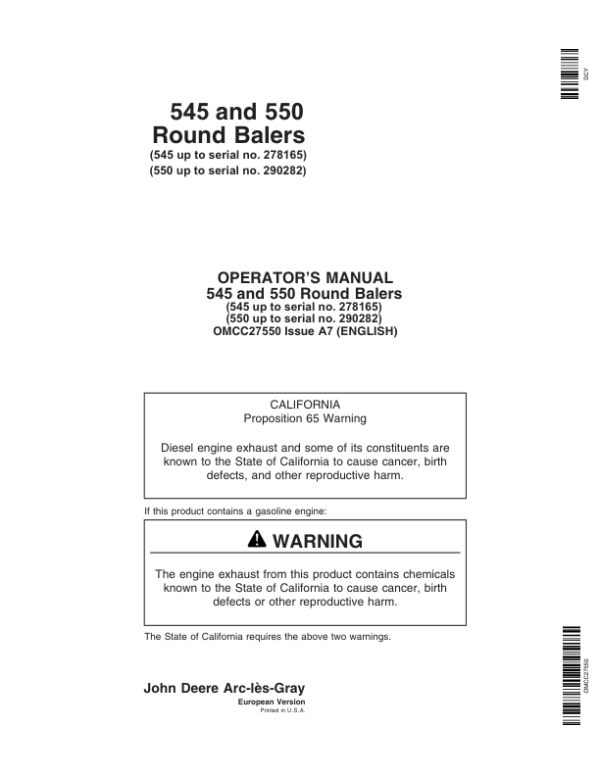 John Deere 545 (-278165), 550 (-290282) Round Balers Operator’s Manual (OMCC27550) Workshop Guide
