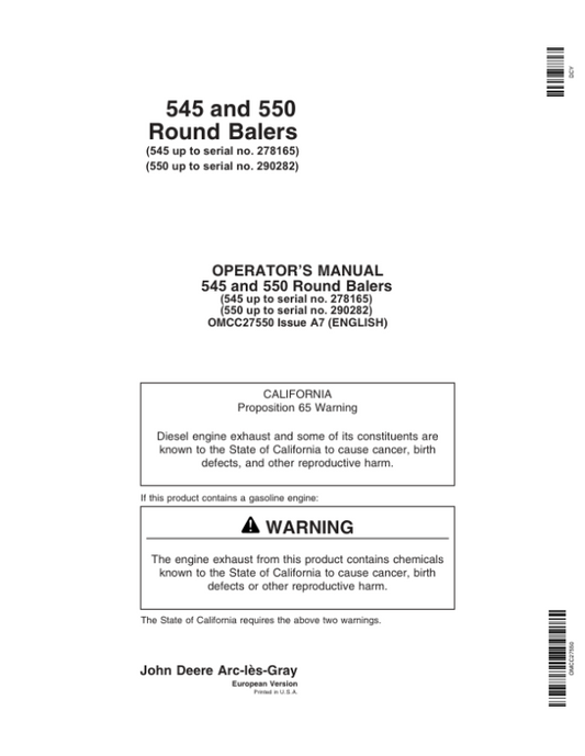 John Deere 545 (-278165), 550 (-290282) Round Balers Operator’s Manual (OMCC27550) Workshop Guide