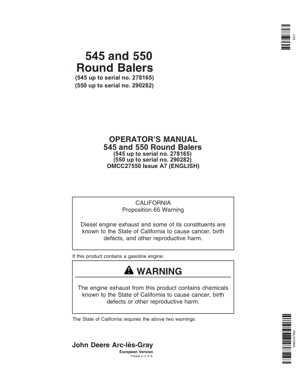 John Deere 545 (-278165), 550 (-290282) Round Balers Operator’s Manual (OMCC27550) Workshop Guide