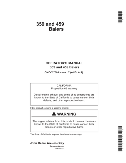 John Deere 359, 459 Balers Operator’s Manual (OMCC27596) Workshop Guide