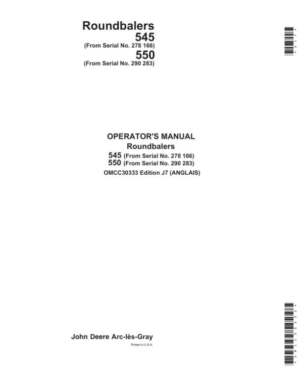 John Deere Roundbalers 545 & 550 Operator’s Manual (OMCC30333) Workshop Guide