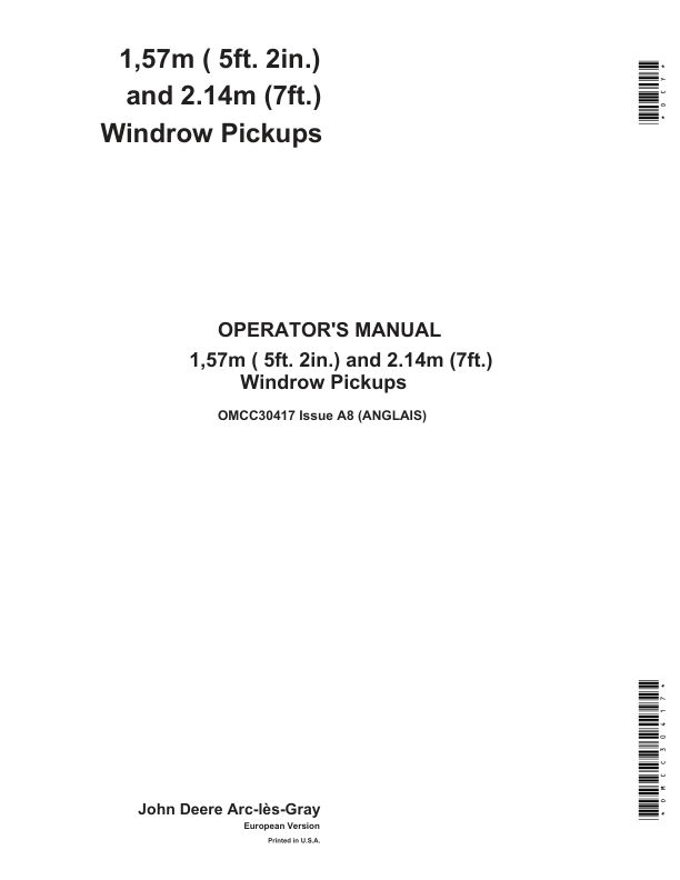 John Deere 1,57m Windrow Pickups Operator’s Manual (OMCC30417) Workshop Guide
