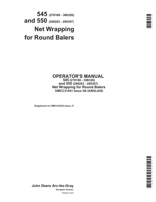 John Deere 545 & 550 Round Balers Net Wrapping Supplement Operator’s Manual (OMCC31441) Workshop Guide