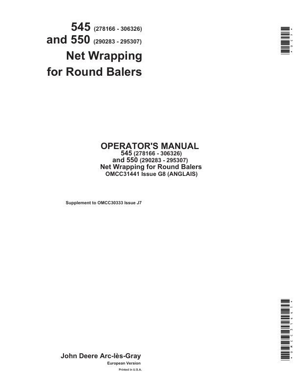 John Deere 545 & 550 Round Balers Net Wrapping Supplement Operator’s Manual (OMCC31441) Workshop Guide