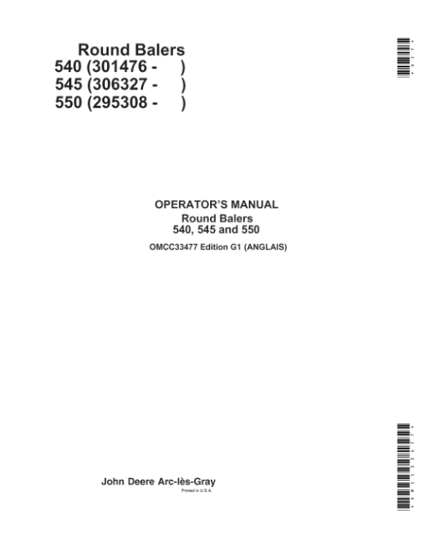 John Deere Round Balers Operator’s Manual (OMCC33477) Workshop Guide