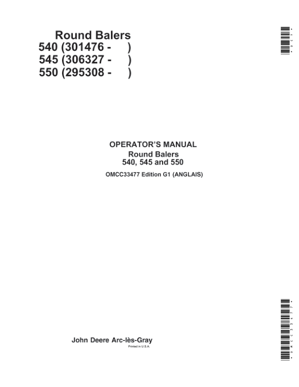 John Deere Round Balers Operator’s Manual (OMCC33477) Workshop Guide
