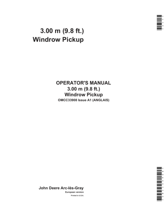 John Deere 3.00 m (9.8 ft.) Windrow Pickup Operator’s Manual (OMCC33908) Workshop Guide