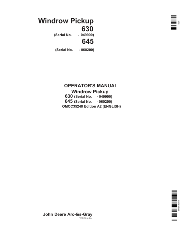 John Deere Windrow Pickup 630 (-049900), 645 (-060200) Operator’s Manual (OMCC35248) Workshop Guide