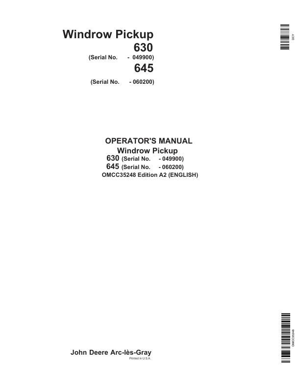 John Deere Windrow Pickup 630 (-049900), 645 (-060200) Operator’s Manual (OMCC35248) Workshop Guide