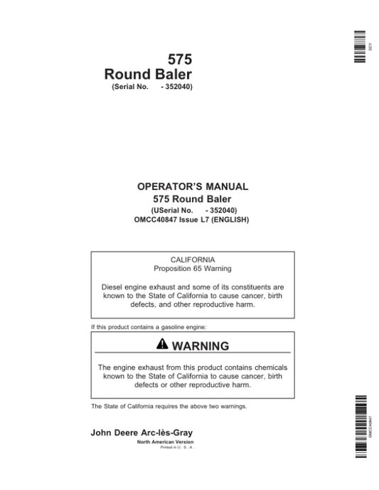 John Deere 575 Round Balers Operator’s Manual (OMCC40847) Workshop Guide