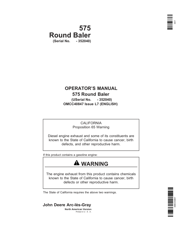 John Deere 575 Round Balers Operator’s Manual (OMCC40847) Workshop Guide