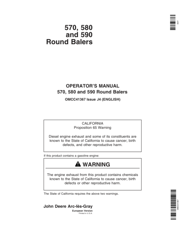 John Deere 570, 580 & 590 Round Balers Operator’s Manual (OMCC41367) Workshop Guide